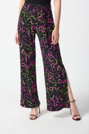 Joseph Ribkoff Black/Multi Leaf Print Wide-Leg Pants Style 242221