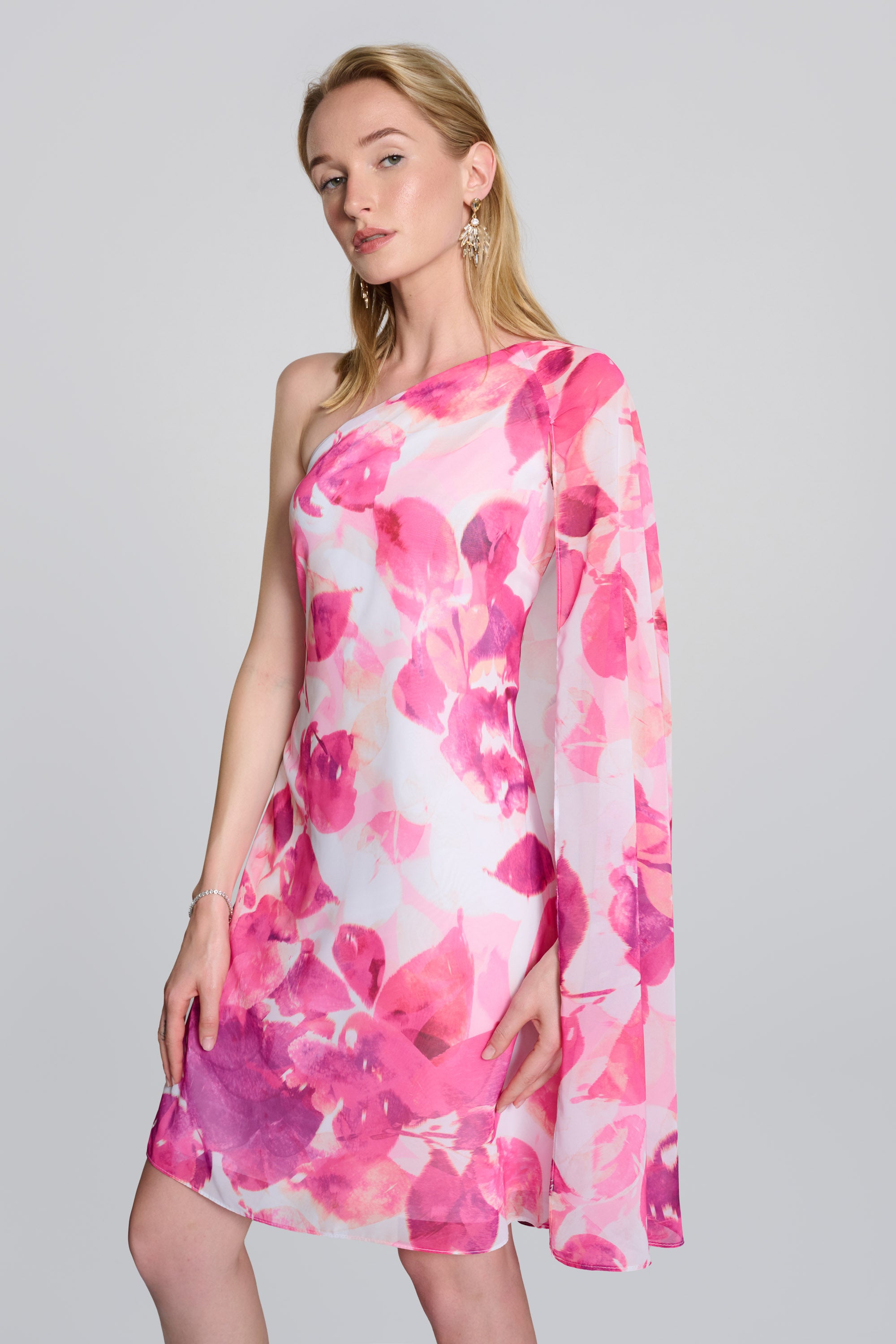 Joseph Ribkoff Vanilla/Multi Floral Print One Shoulder Cape Dress 