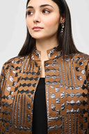 Joseph Ribkoff Brown/Gunmetal Geometric Print Boxy Jacket Style 243192