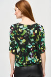 Joseph Ribkoff Black/Multi Mesh Abstract Print Blouson Top Style 243193