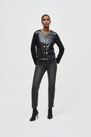 Joseph Ribkoff Black Silky Knit and Leatherette Jacket Style 243240