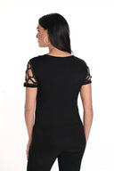 Frank Lyman Black Dotted Keyhole Casual Top Style 243465U