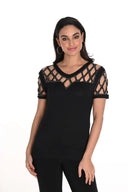 Frank Lyman Black Dotted Keyhole Casual Top Style 243465U