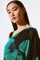 Joseph Ribkoff Black/Green Chiffon Floral Print Layered Top Style 243791