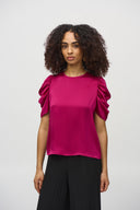 Joseph Ribkoff Rich Berry Satin Straight Top With Shirred Sleeves Style 244023