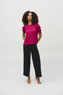 Joseph Ribkoff Rich Berry Satin Straight Top With Shirred Sleeves Style 244023