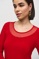 Joseph Ribkoff Lipstick Red Silky Knit and Mesh Fitted Top Style 244066