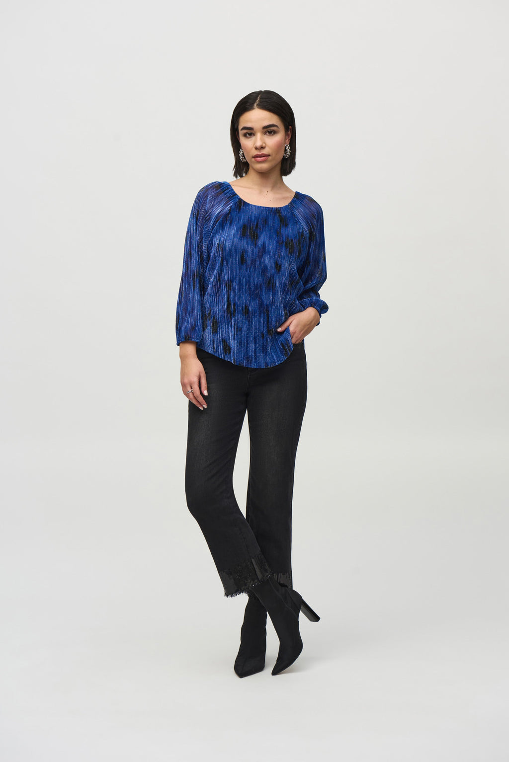 Joseph Ribkoff Royal Sapphire/Multi Pleated Abstract Print Flared Top Style 244105