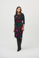 JOSEPH RIBKOFF BLACK/MULTI ABSTRACT PRINT SHEATH DRESS STYLE 244240