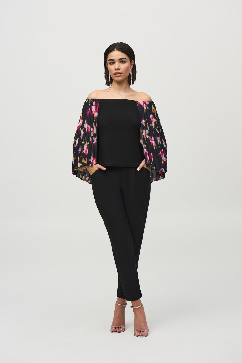 Joseph Ribkoff Black/Multi Top With Pleated Georgette Cape Style 244246