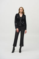 Joseph Ribkoff Black Leatherette Jacket with Rhinestone Trim Style 244905