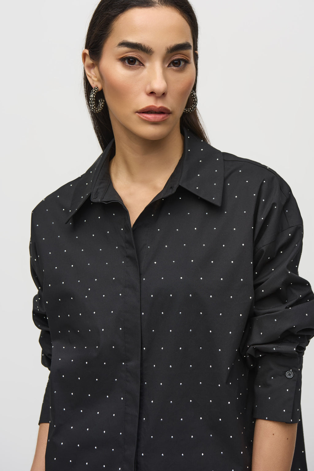 Joseph Ribkoff Black Stretch Cotton Blouse With Rhinestones Style 244950