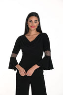 Frank Lyman Black V-Neck Cowl Neck Top with Bell Sleeves Style 249025