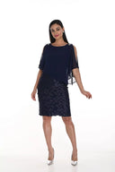 Frank Lyman Navy Dress with Leaf Print and Chiffon Cape Style 249276