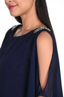 Frank Lyman Navy Dress with Leaf Print and Chiffon Cape Style 249276