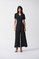 Joseph Ribkoff Black/Vanilla Dot Print Wrap Culotte Jumpsuit Style 251008