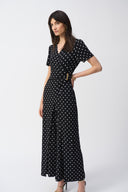 Joseph Ribkoff Black/Vanilla Dot Print Wrap Culotte Jumpsuit Style 251008