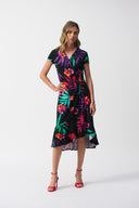 Joseph Ribkoff Black/Multi Silky Knit Tropical Print Wrap Dress Style 251011