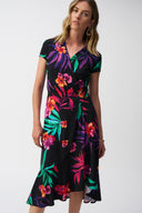 Joseph Ribkoff Black/Multi Silky Knit Tropical Print Wrap Dress Style 251011