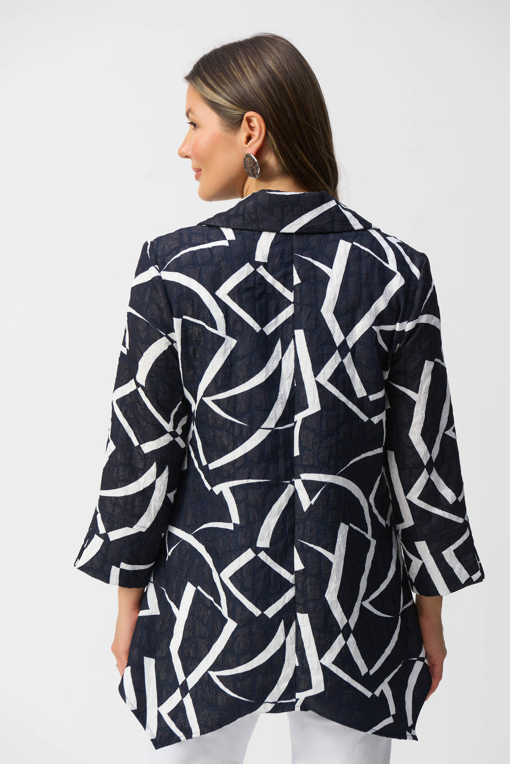 Joseph Ribkoff Midnight Blue/Vanilla Jacquard Abstract Print Handkerchief Jacket Style 251021