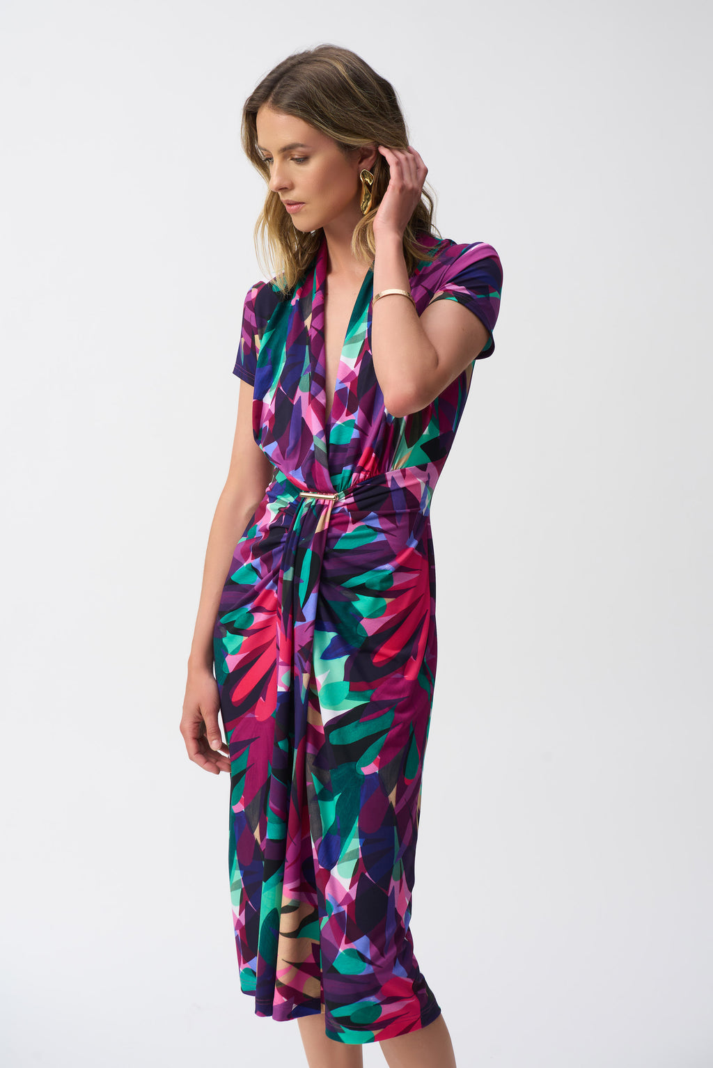 Joseph Ribkoff Multi Silky Knit Tropical Print Wrap Dress Style 251042