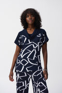 JOSEPH RIBKOFF MIDNIGHT BLUE/VANILLA ABSTRACT PRINT BOXY TOP STYLE 251110