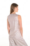 Frank Lyman Champagne/Silver Sleeveless Foiled Print V-Neck Top Style 251151