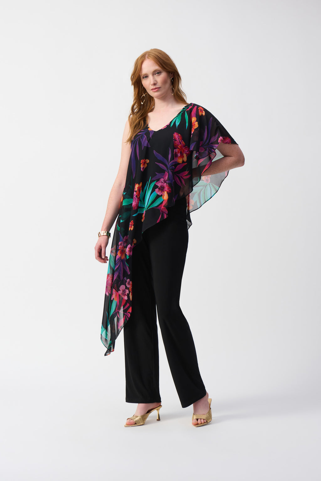 Joseph Ribkoff Black/Multi Silky Knit Jumpsuit With Tropical Chiffon Overlay Style 251152