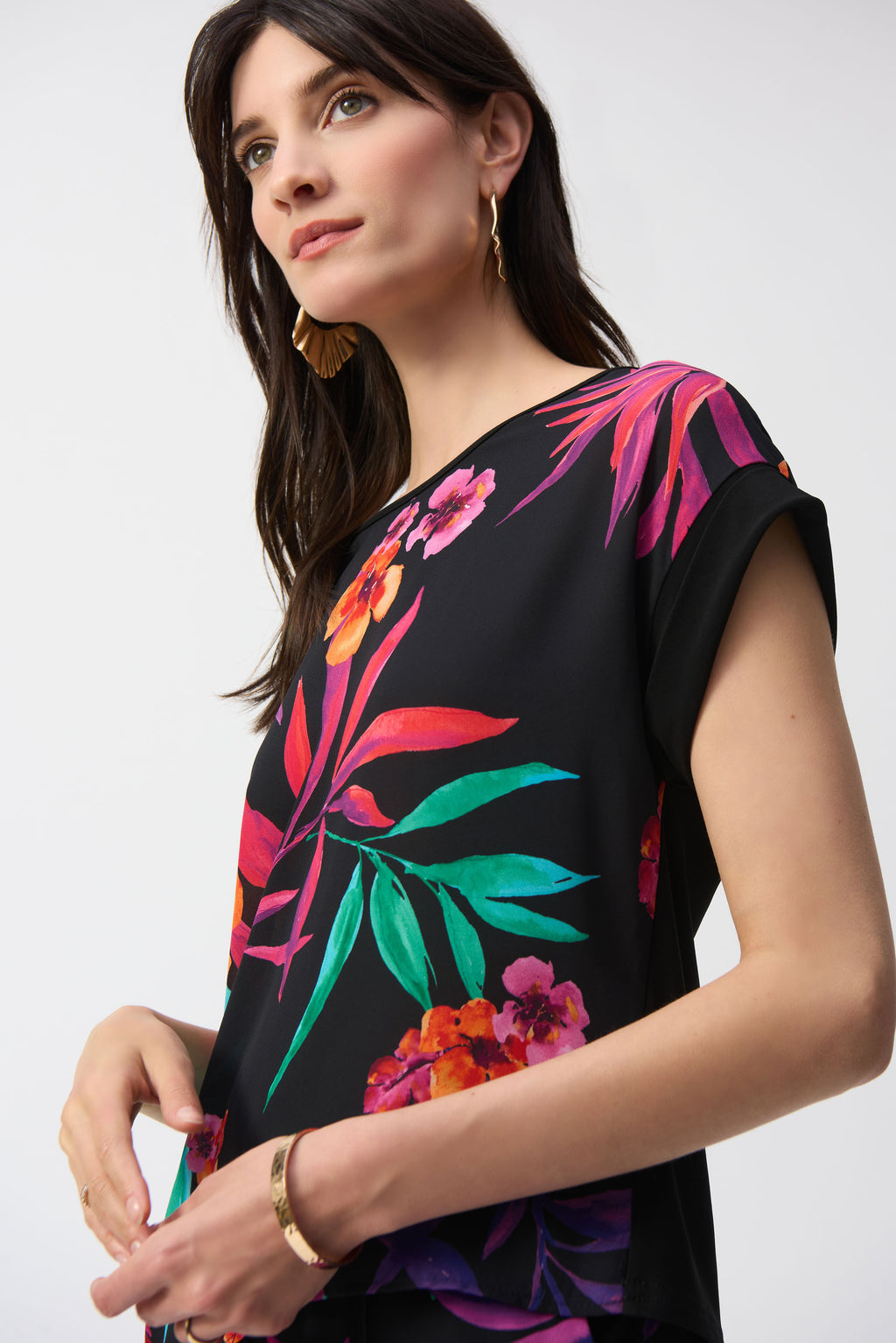 Joseph Ribkoff Black/Multi Tropical Print Boxy Top Style 251214