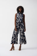 Joseph Ribkoff Midnight Blue/Beige Silky Knit Abstract Print Wide Leg Pants Style 251252