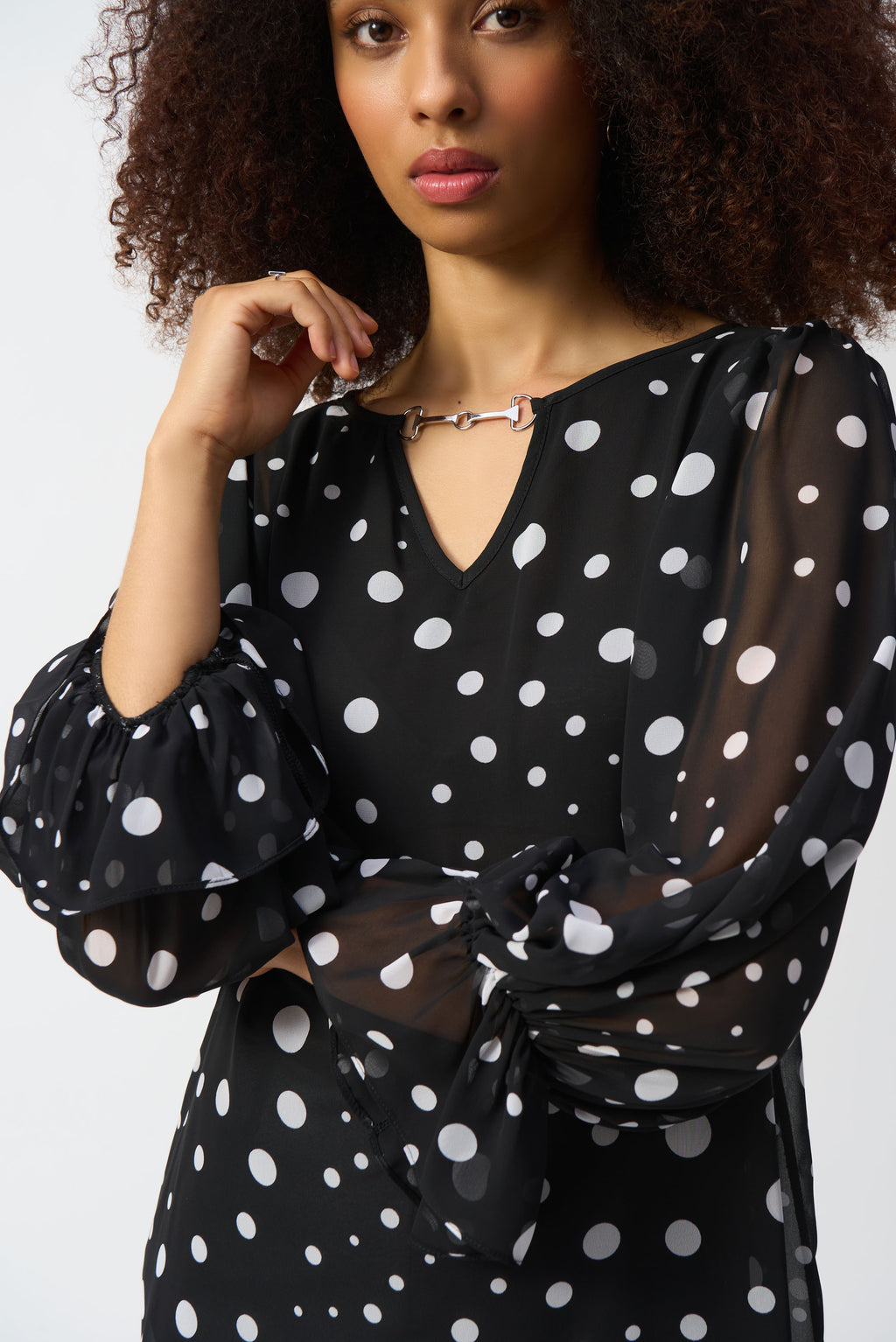 Joseph Ribkoff Black/Vanilla Chiffon Dot Print Boxy Top Style 251277