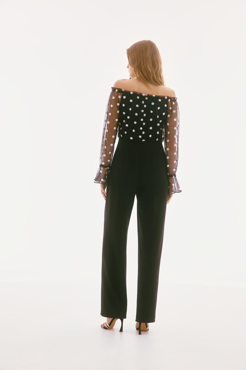 Joseph Ribkoff Black/White Dot Mesh And Scuba Crepe Jumpsuit Style 251708