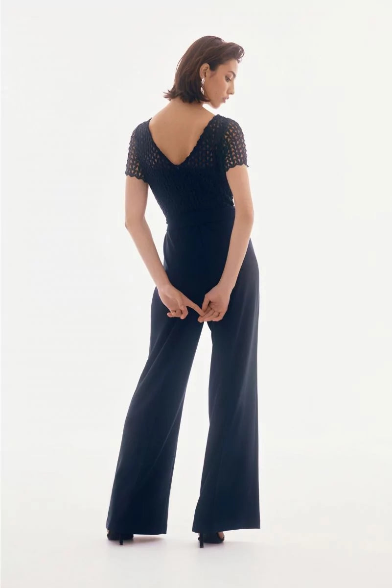 Joseph Ribkoff Midnight Blue Silky Knit And Guipure Wide Leg Jumpsuit Style 251715