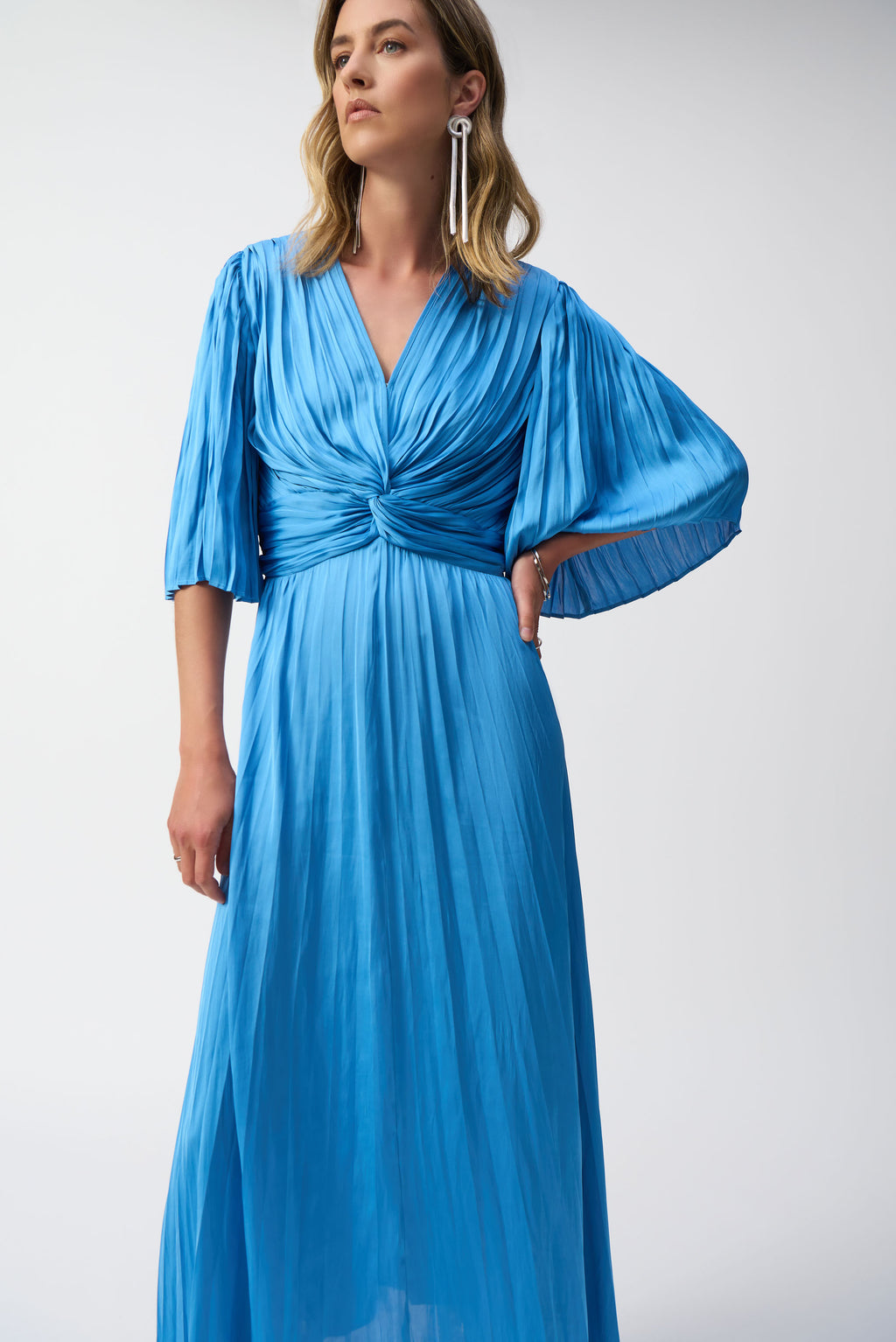 Joseph Ribkoff Coastal Blue Pleated Satin Midi Dress Style 251903