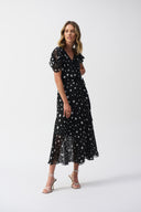 Joseph Ribkoff Black/Vanilla Chiffon Dot Print Wrap Dress Style 251907