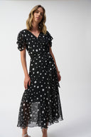 Joseph Ribkoff Black/Vanilla Chiffon Dot Print Wrap Dress Style 251907