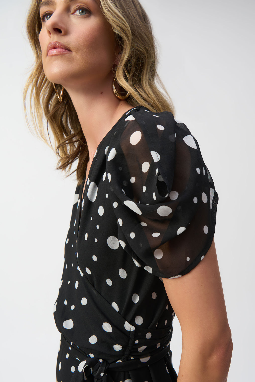 Joseph Ribkoff Black/Vanilla Chiffon Dot Print Wrap Dress Style 251907