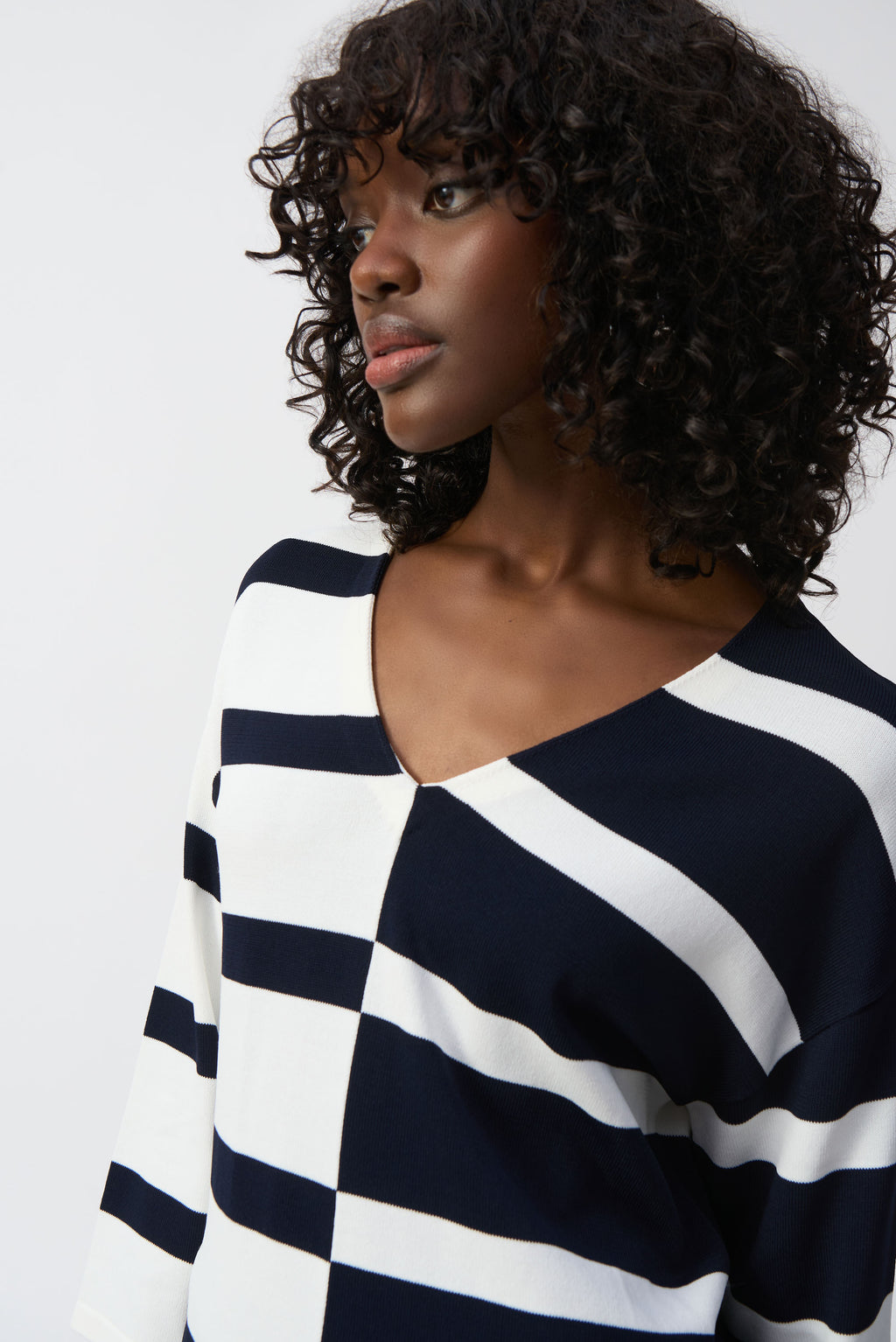 Joseph Ribkoff Midnight Blue/Vanilla Striped V-Neck Pullover Style 251914