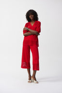 Joseph Ribkoff Sweater Knit Radiant Red Culotte Pant with Pointelle Detail Style 251915