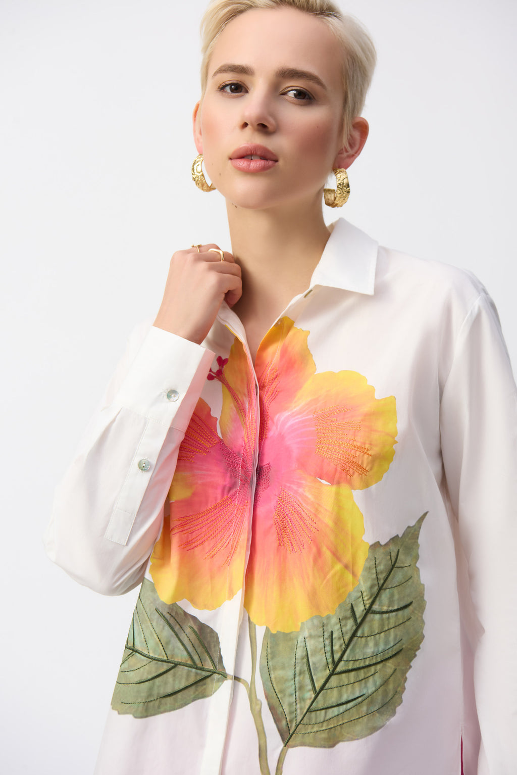 Joseph Ribkoff Vanilla/Multi Embroidered Flower Cotton Shirt Style 251938