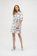 Joseph Ribkoff Vanilla/Black Poplin Conversational Print A-Line Dress Style 252019