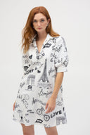 Joseph Ribkoff Vanilla/Black Poplin Conversational Print A-Line Dress Style 252019