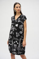 Joseph Ribkoff Black/Vanilla Silky Knit Conversational Print Cocoon Dress Style 252025