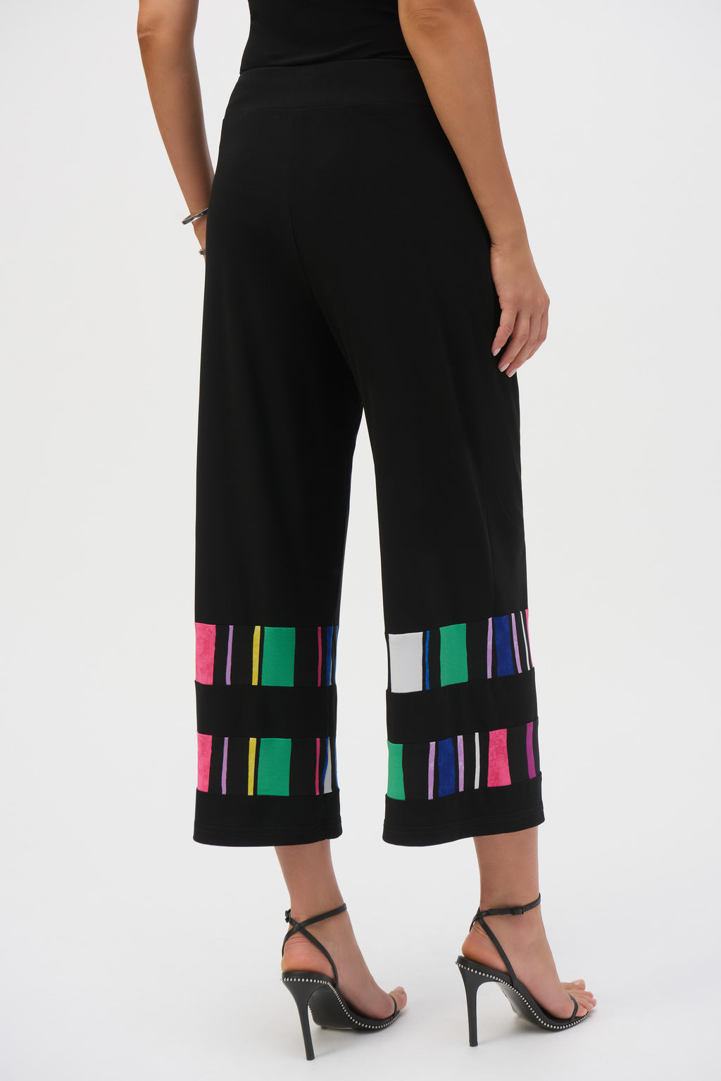 Joseph Ribkoff Black/Multi Silky Knit Stripe Print Culotte Pants Style 252051