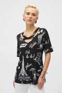 Joseph Ribkoff Black/Vanilla Silky Knit Conversational Print Fitted Tunic Style 252074