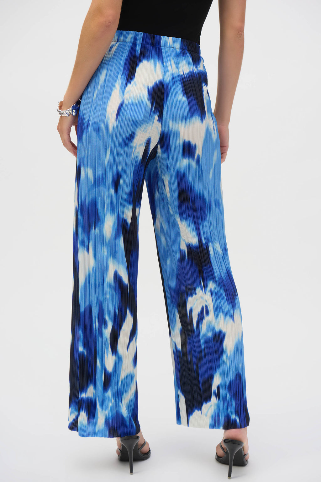 Joseph Ribkoff Blue/Vanilla Pleated Novelty Tropical Print Wide-Leg Pants Style 252138