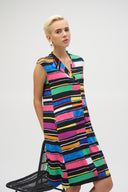 Joseph Ribkoff Black/Multi Silky Knit Stripe Print Trapeze Dress Style 252171