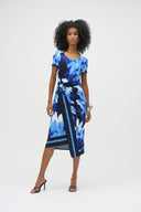 Joseph Ribkoff Blue/Vanilla Silky Knit Tropical Print Sheath Dress Style 252179