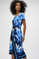 Joseph Ribkoff Blue/Vanilla Silky Knit Tropical Print Sheath Dress Style 252179