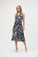 Joseph Ribkoff Vanilla/Midnight Blue Silky Knit Abstract Print Fit and Flare Dress Style 252199